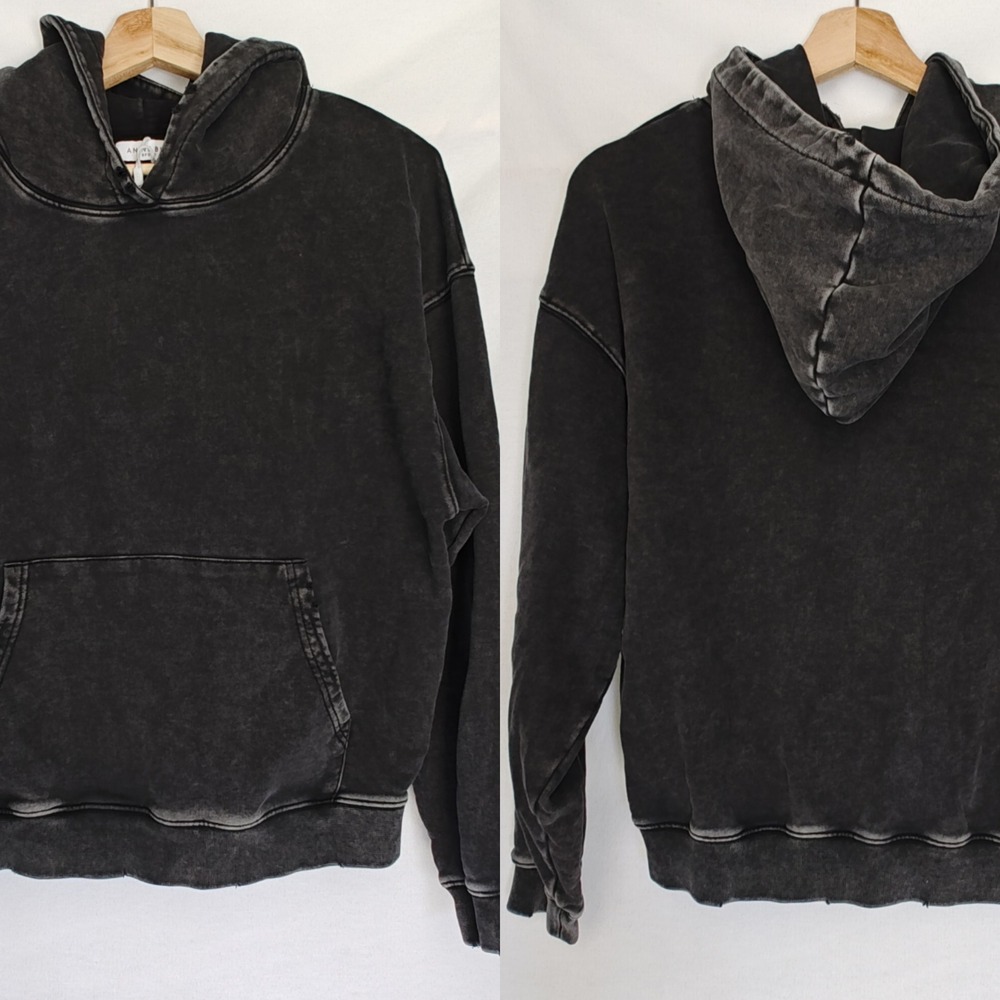Anine Bing Harvey Washed Black‎ Distressed Hoodie Long Sleeve Pullover XS